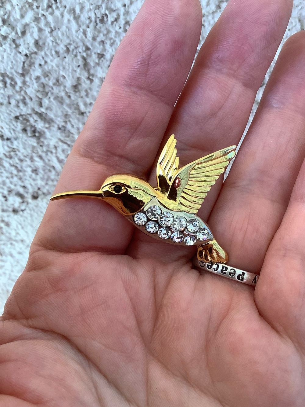 Gold tone Hummingbird Bird Brooch Pin with Clear Crystals